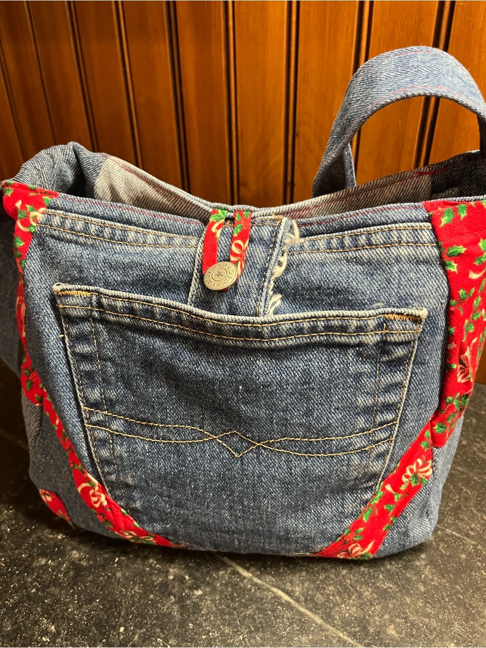 Hand Crafted Christmas Recycled Denim Shoulder Bag with Red Floral Trim